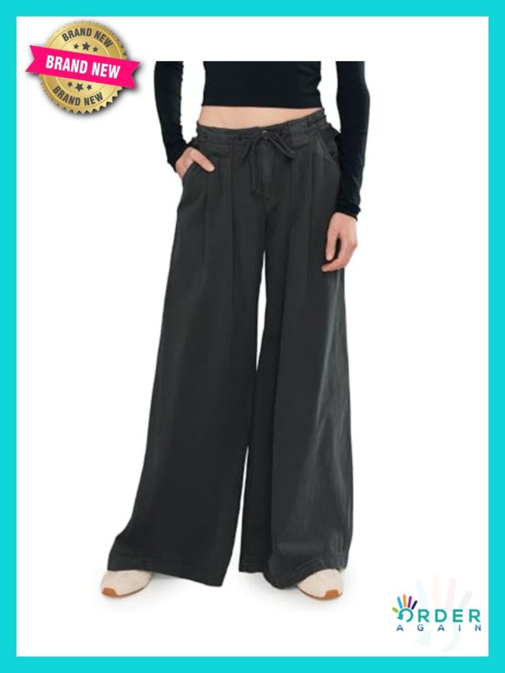 Wide Leg Chino Trousers with Drawstring Pleating Pull-On Design Low-Rise Cotton